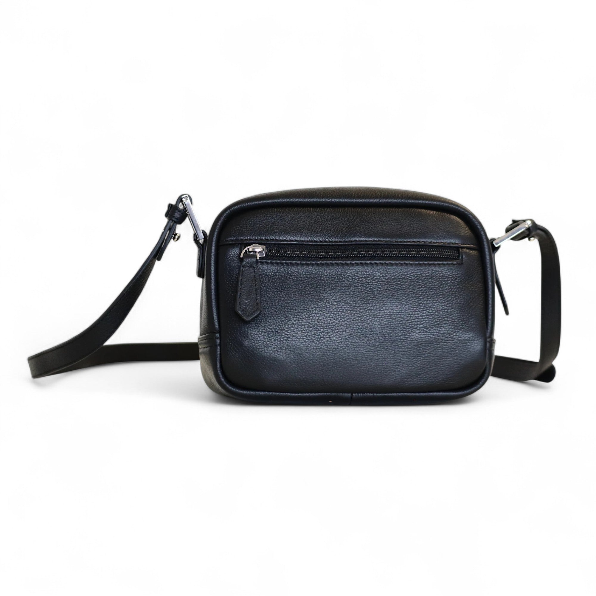 1. Sacoche en cuir noir élégante avec poche zippée frontale.