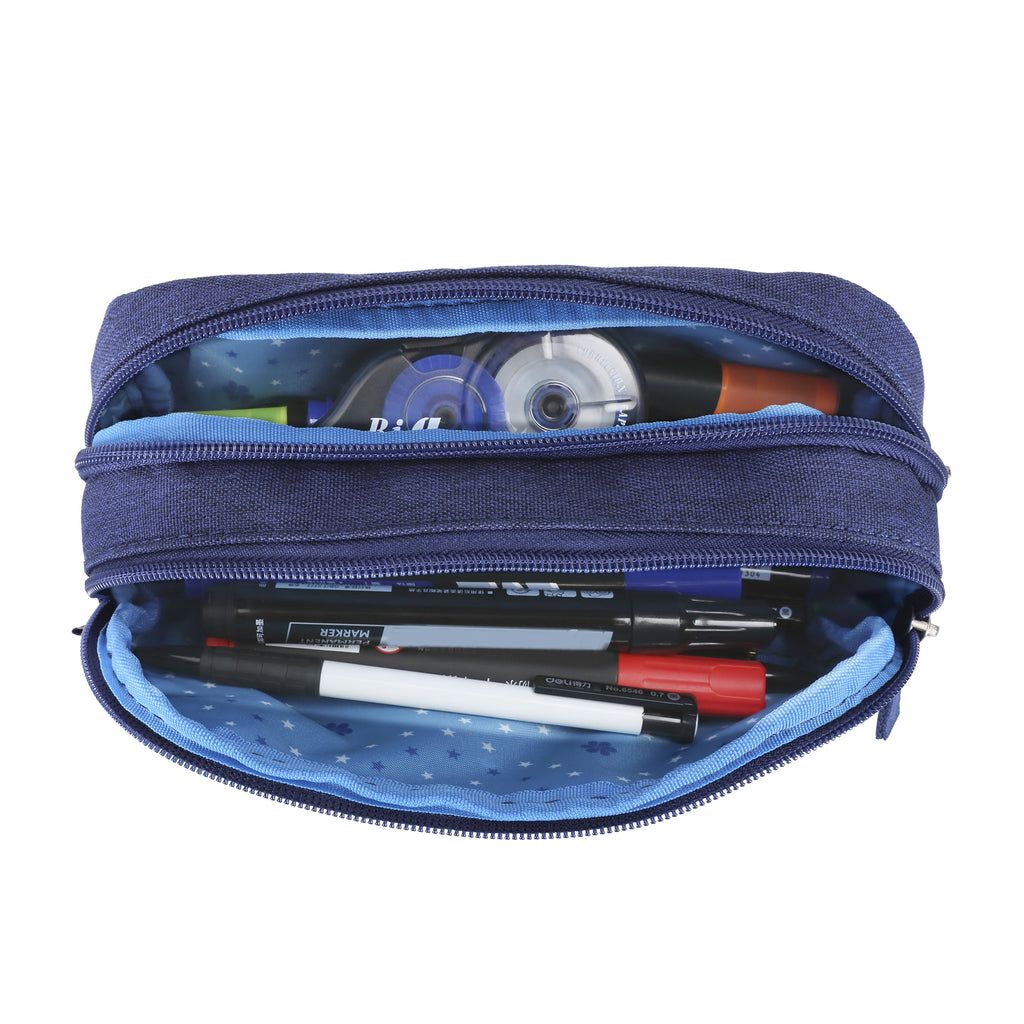 Trousse scolaire bleue avec compartiments pour fournitures.