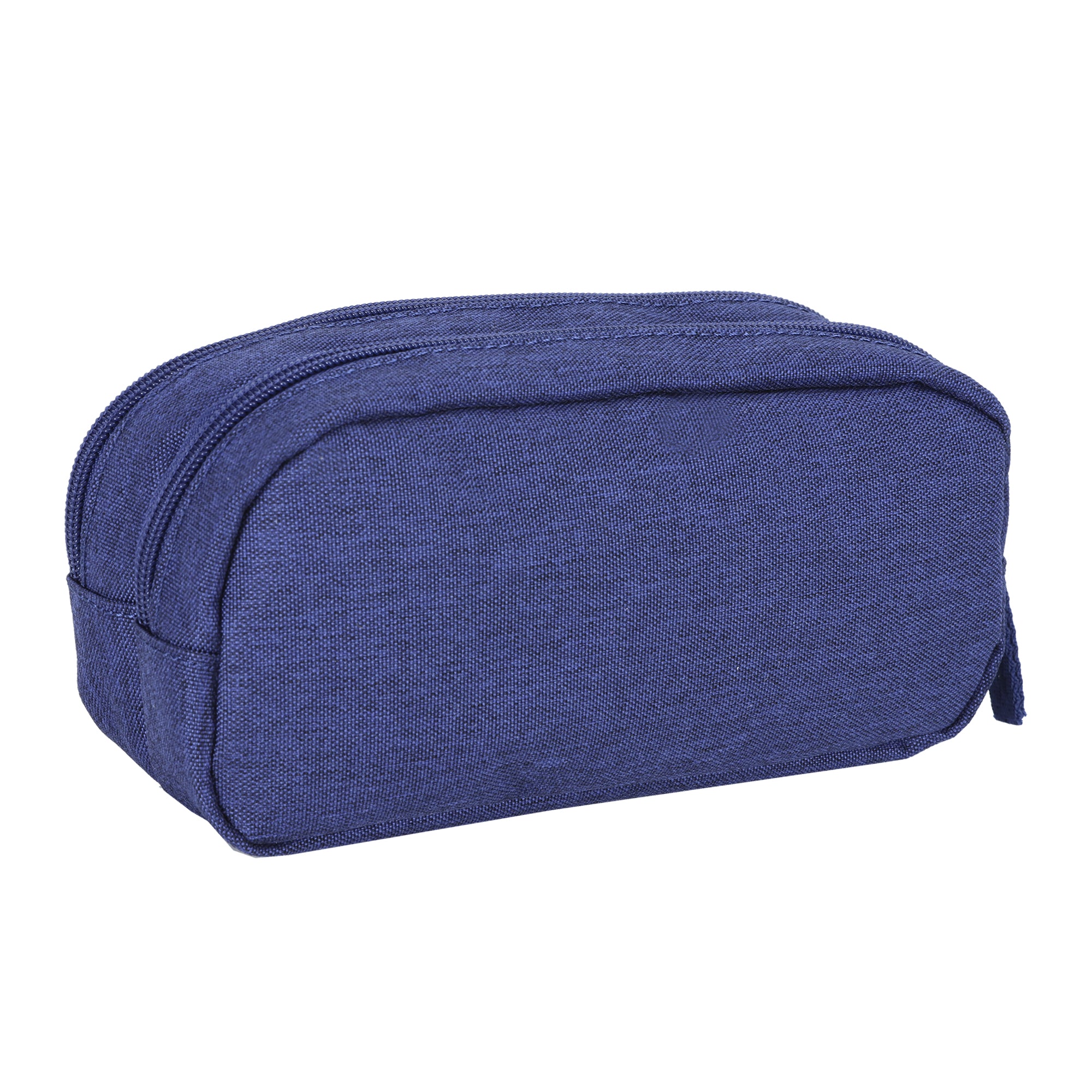 Trousse scolaire bleue en tissu avec deux compartiments.