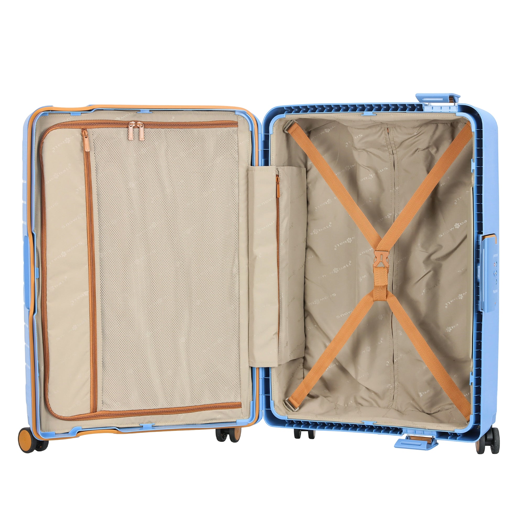 Valise cabine rigide bleue avec compartiments spacieux et roulettes silencieuses.