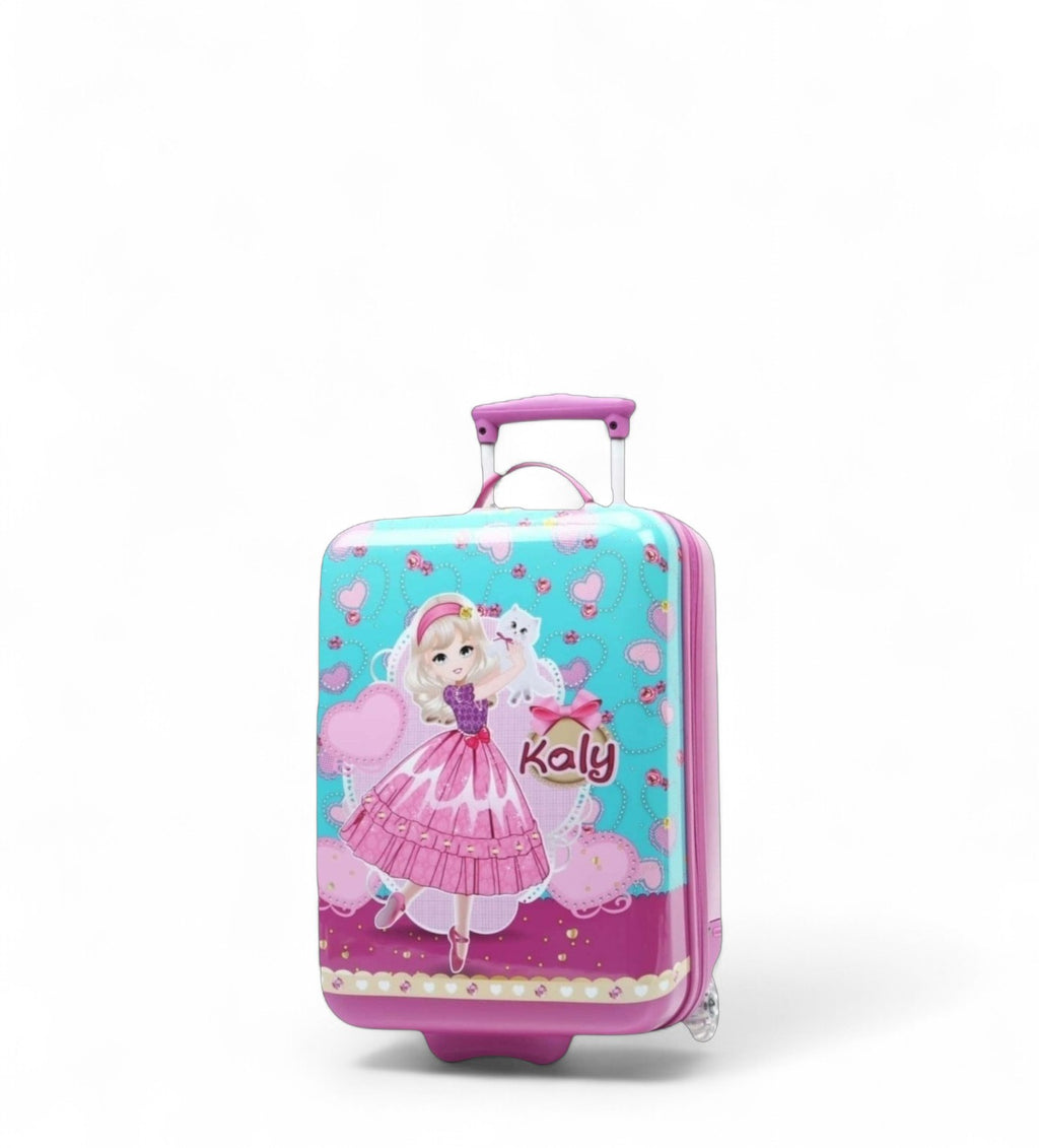 Valise cabine pour enfants avec design fille et chat, couleurs rose et bleu.
