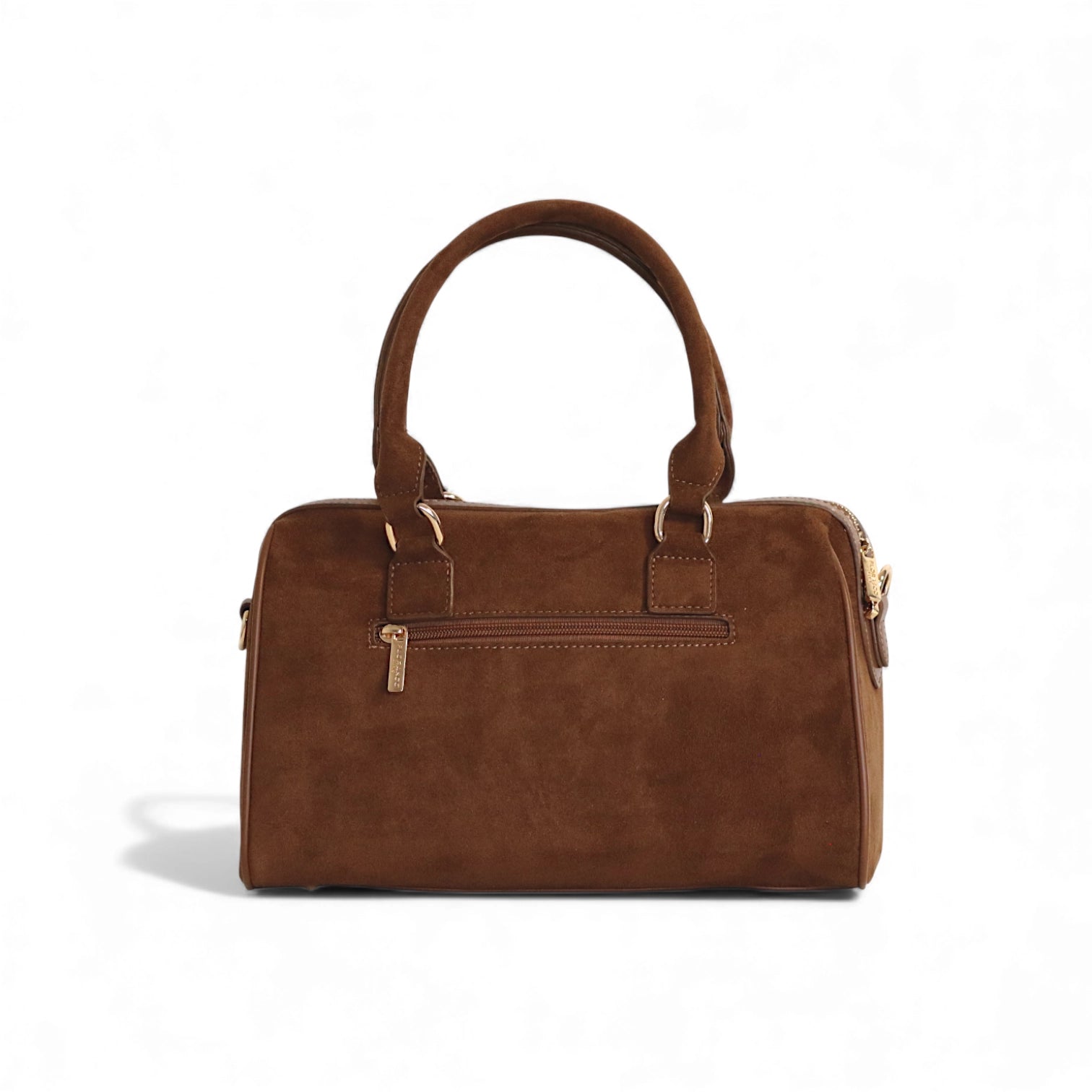 sac bowling clouté en daim marron flora&co - vue arrière avec poche zippée