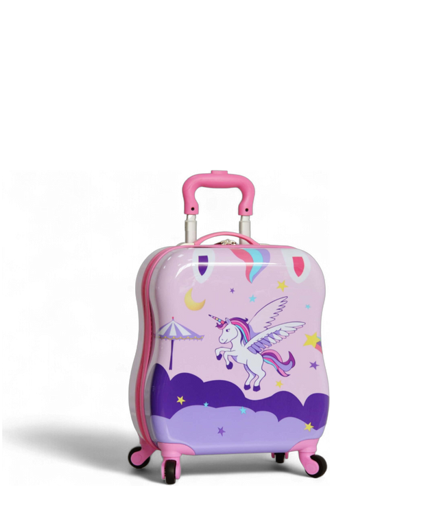 Valise enfant en plastique colorée avec licorne, ailes et décoration magique.