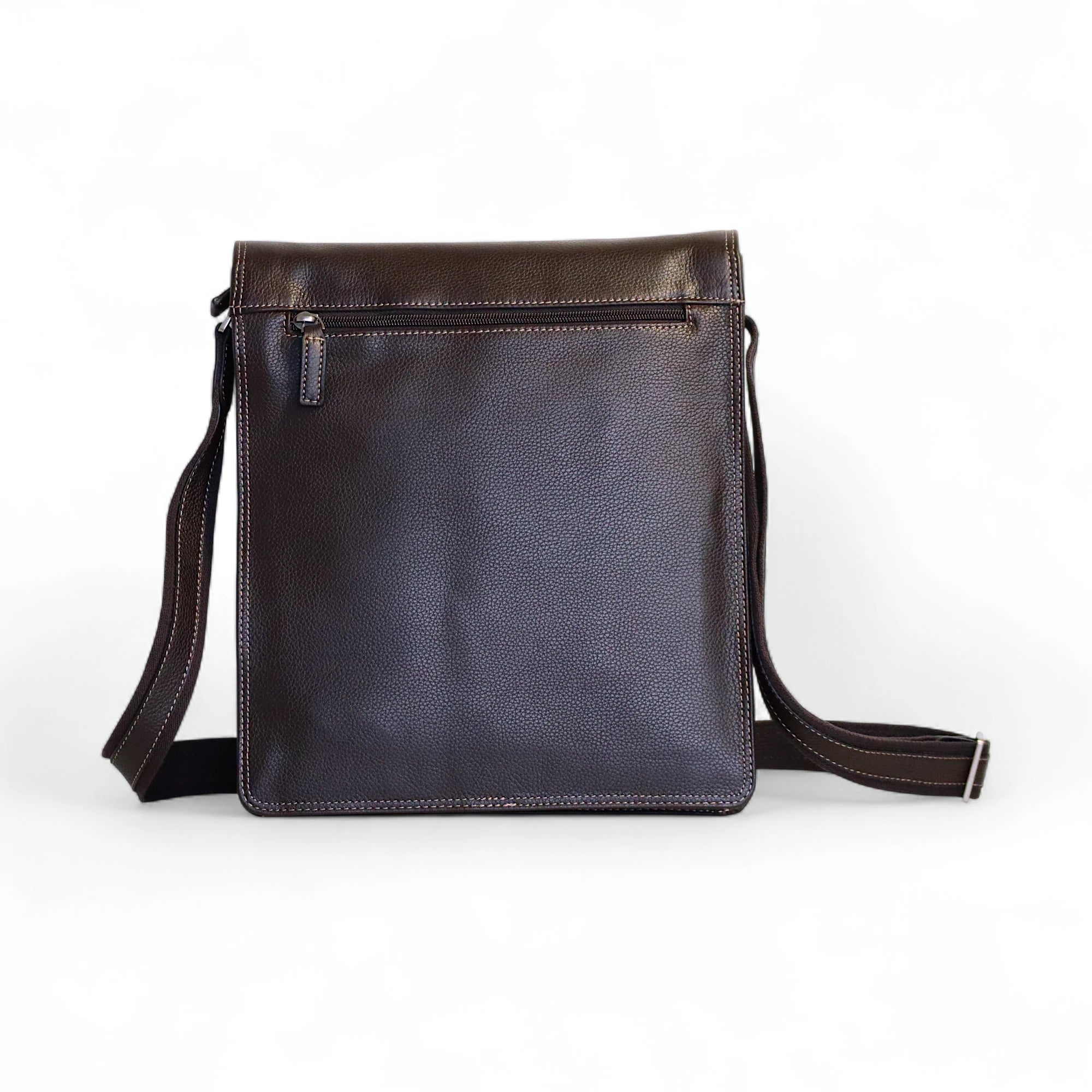 Sacoche en cuir marron choco avec bandoulière Katana 36103 - vue arrière avec poche à fermeture à glissière