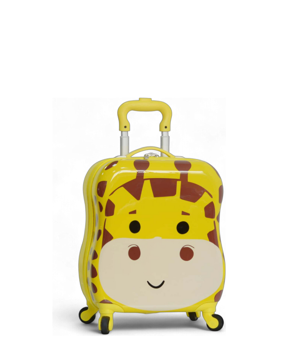 Sac à roulettes enfant girafe jaune avec visage mignon, design ludique et pratique.