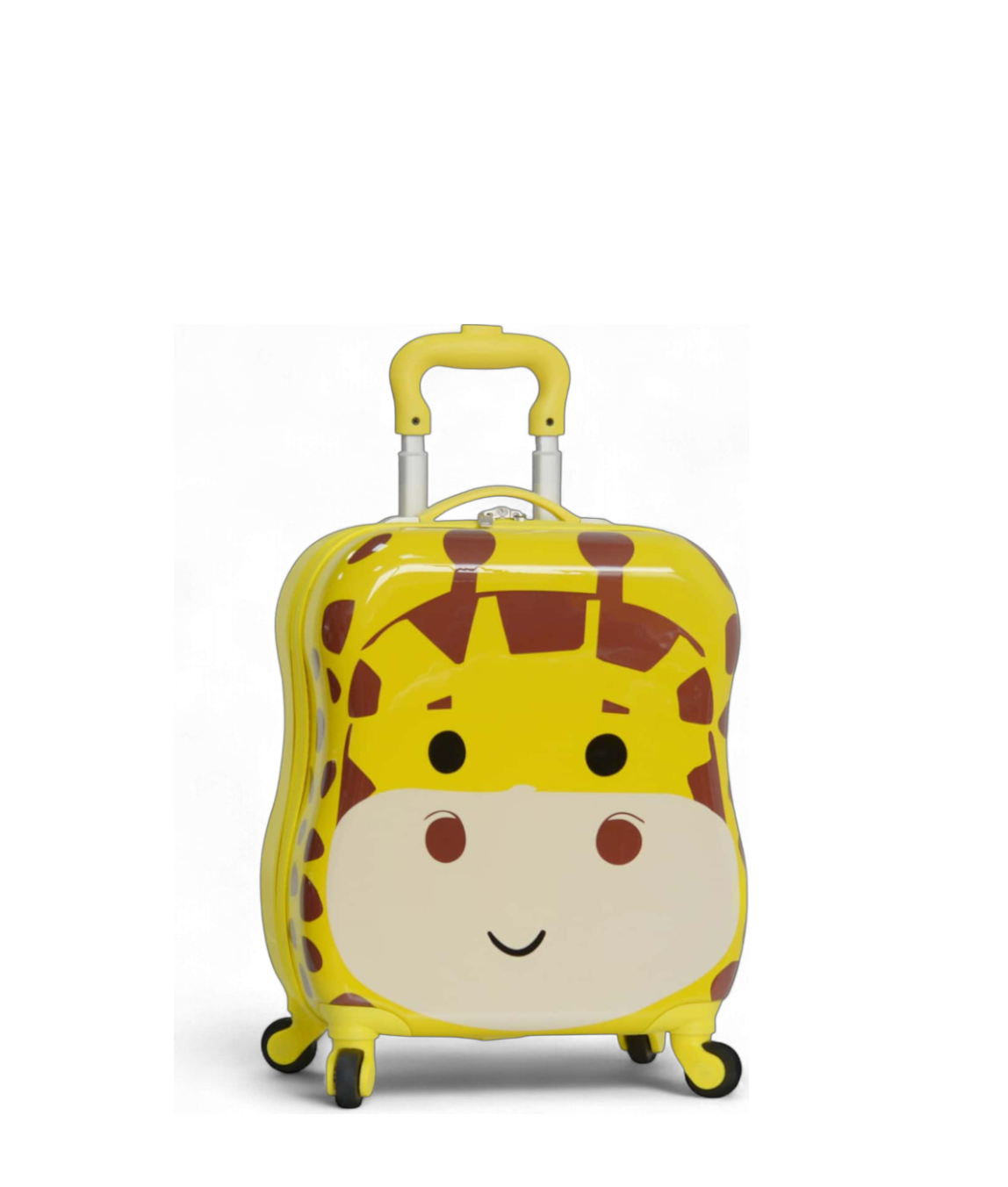 Sac à roulettes enfant girafe jaune avec visage mignon, design ludique et pratique.