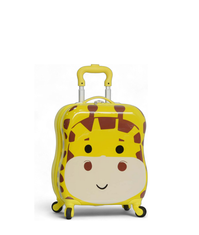 Sac à roulettes enfant girafe jaune avec visage mignon, design ludique et pratique.