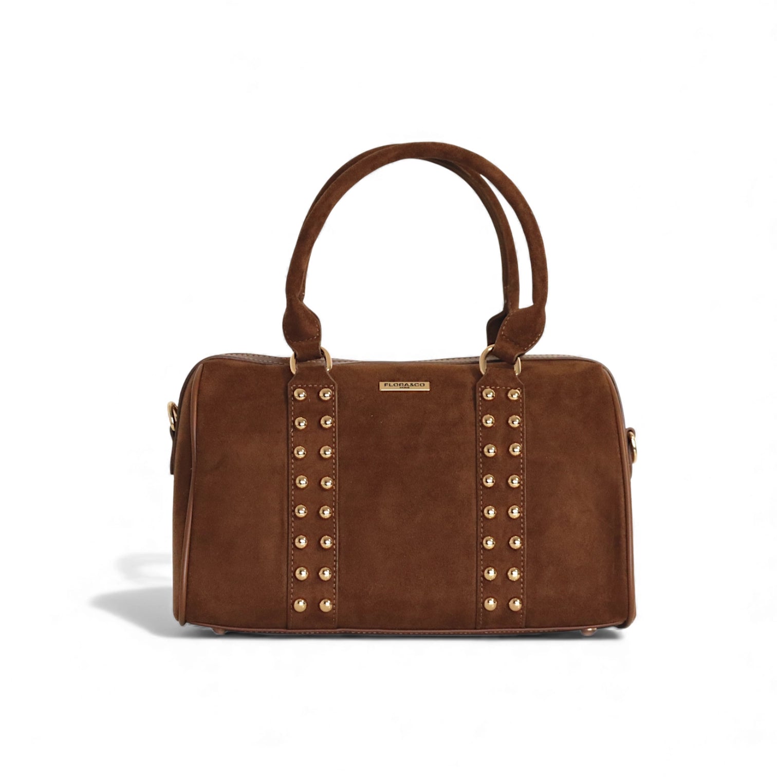 sac bowling clouté en daim marron flora&co - vue de face