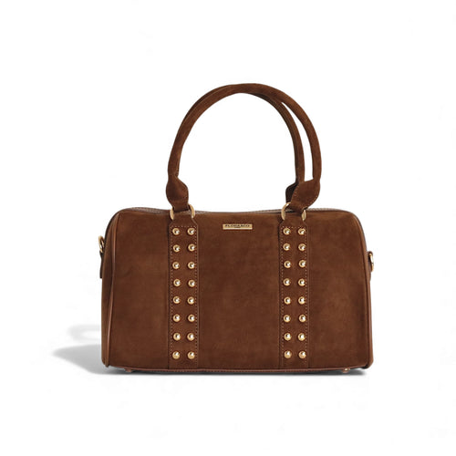 sac bowling clouté en daim marron flora&co - vue de face