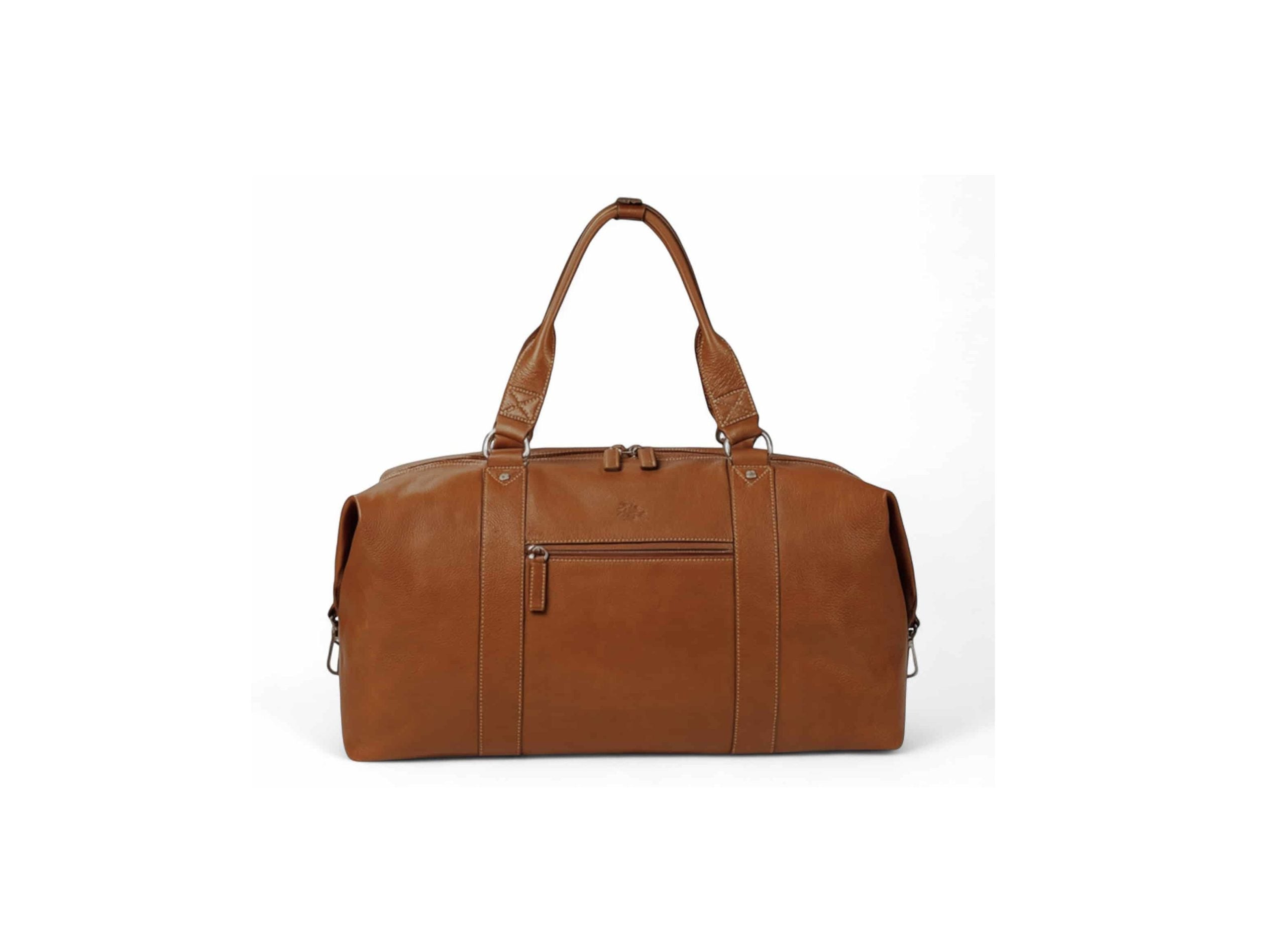 Sac de voyage en cuir marron avec poignées épaisses et poches zippées.