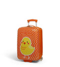 Orange valise à roulettes pour enfants avec poussette, motif de poussine jaune, délice et amusant pour voyage.