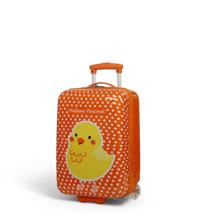 Orange valise à roulettes pour enfants avec poussette, motif de poussine jaune, délice et amusant pour voyage.