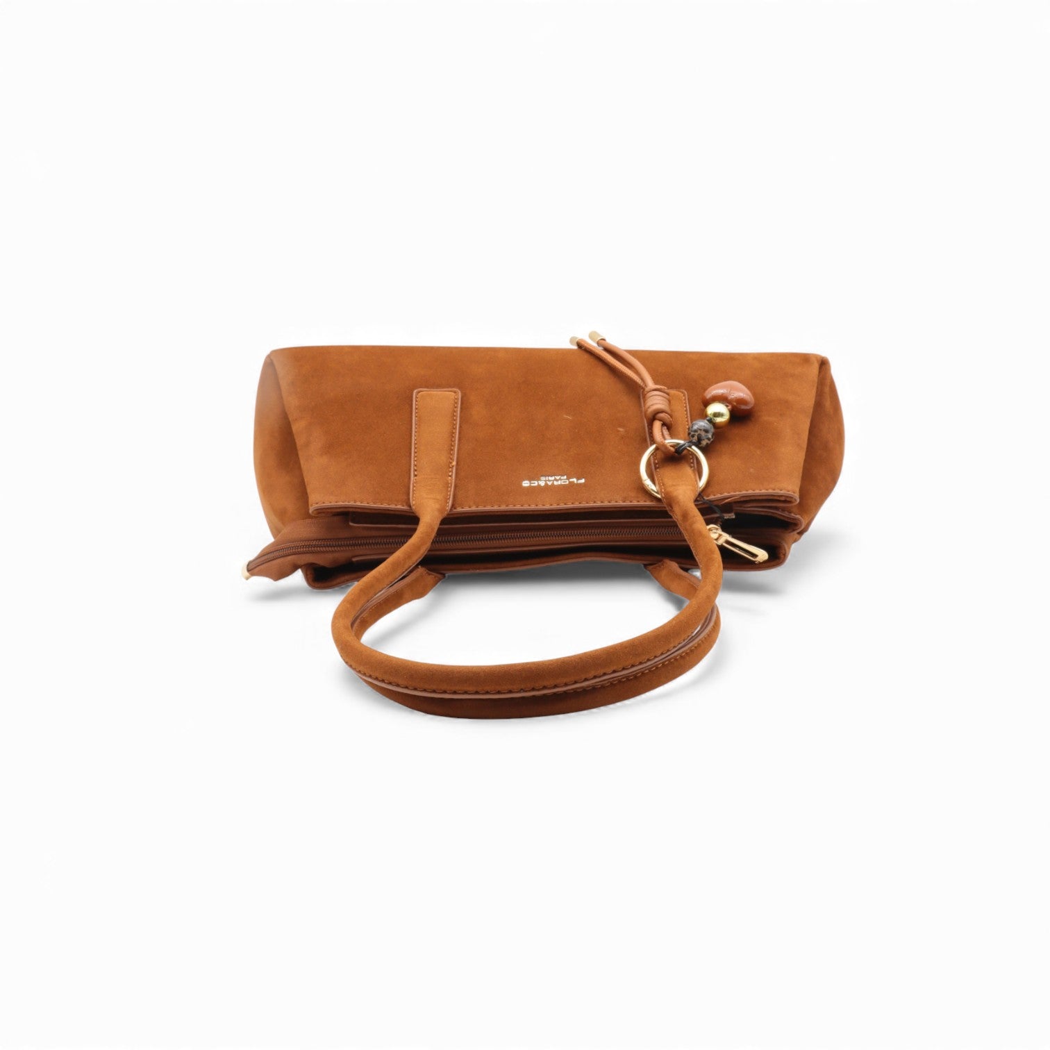 Sac à main en cuir camel avec design épuré et poche extérieure.