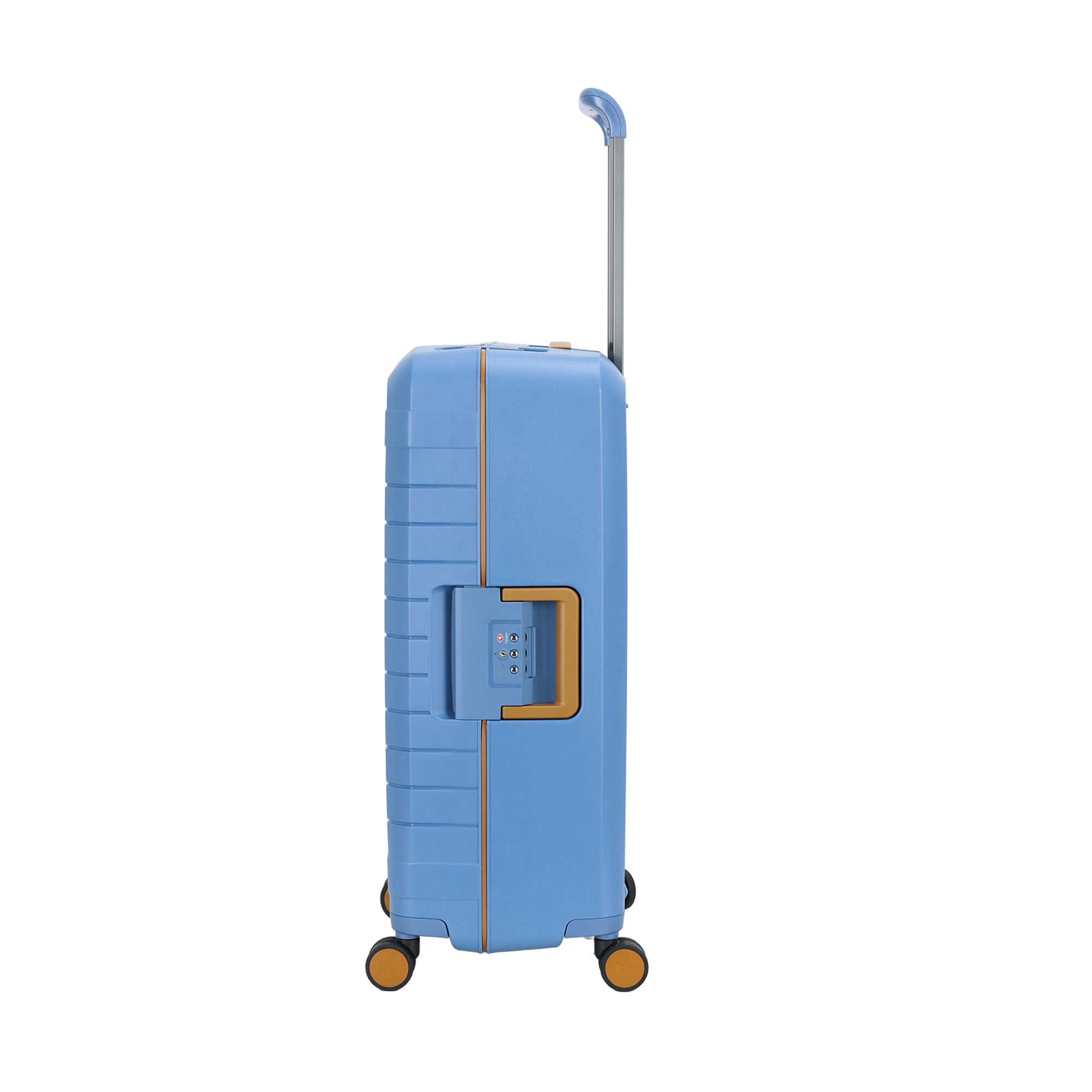 Valise rigide bleu pastel avec serrure intégrée et roulettes pivotantes.