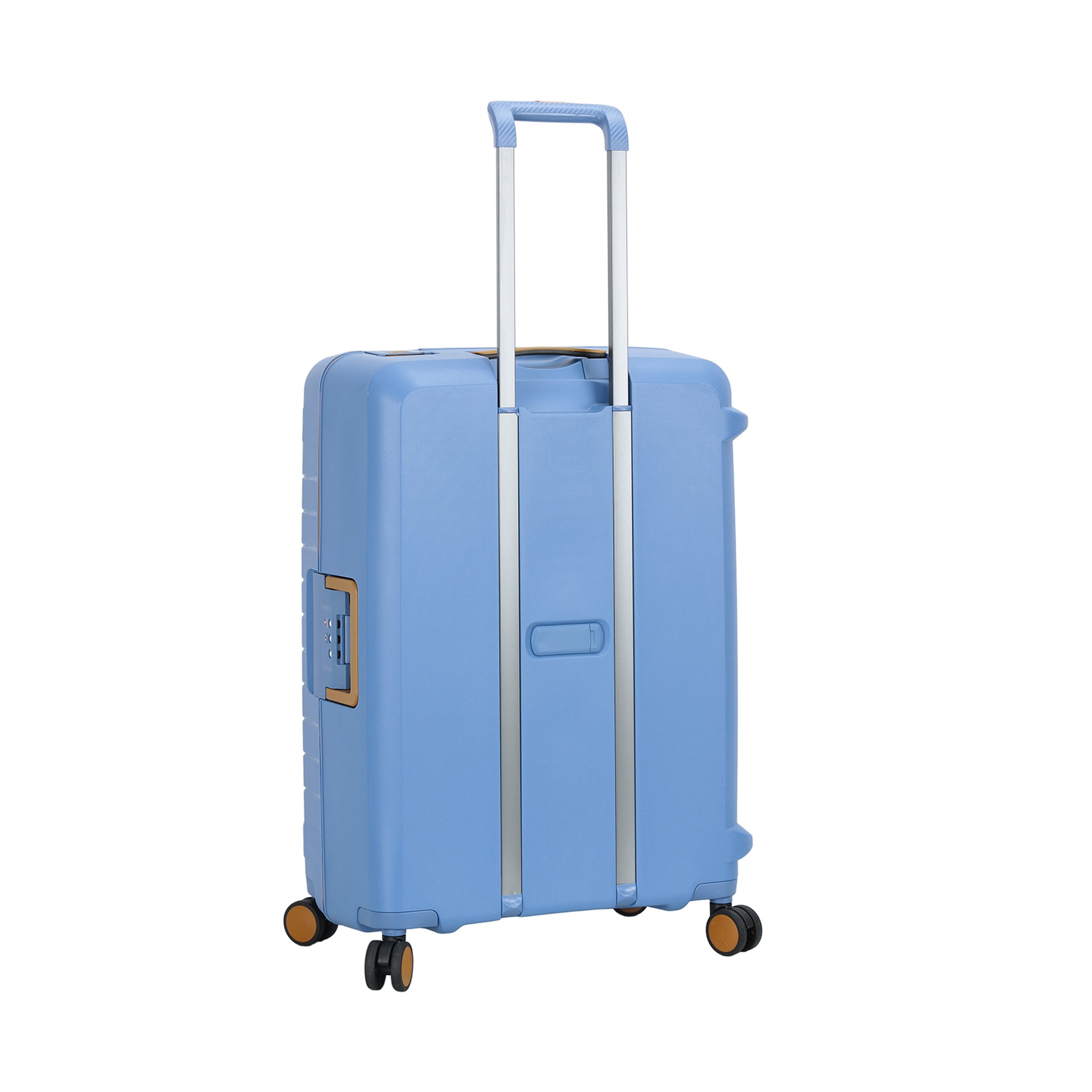 Valise cabine en polycarbonate bleu avec roulettes et serrure à combinaison.