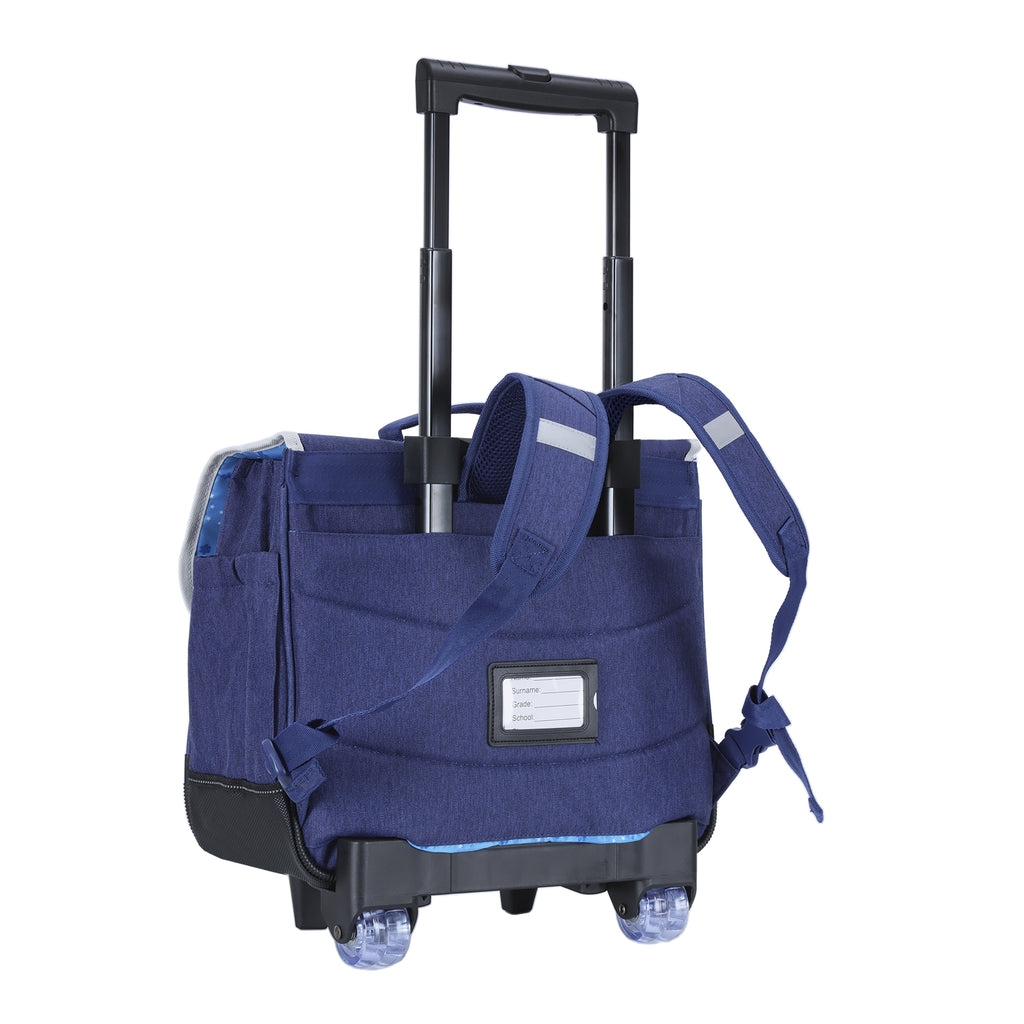 Sac à roulettes bleu pour enfants avec poignée télescopique et roues.