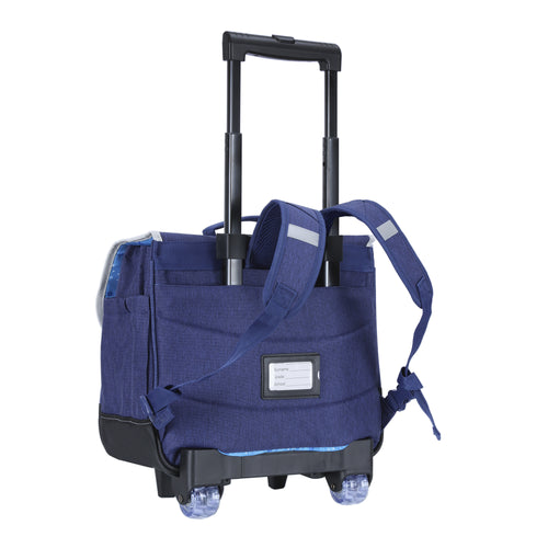 Sac à roulettes bleu pour enfants avec poignée télescopique et roues.