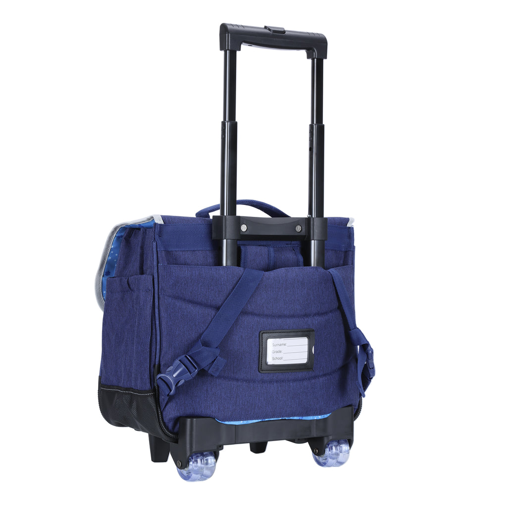 Cartable CE1-CE2 à roulettes bleu avec poignée télescopique.