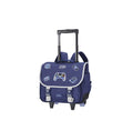 Cartable à roulettes bleu avec motifs de jeux vidéo pour enfants.