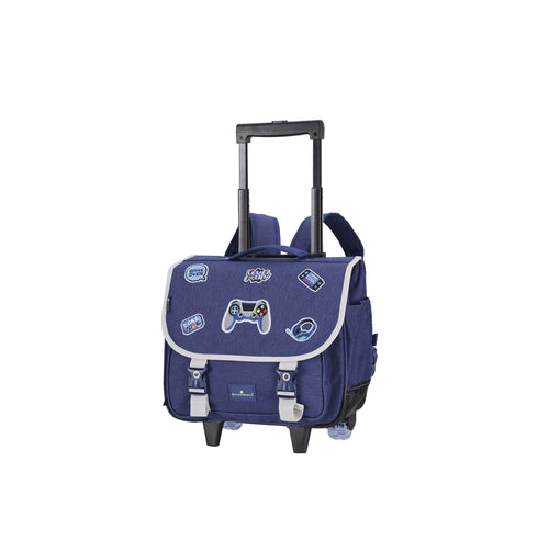 Cartable à roulettes bleu avec motifs de jeux vidéo pour enfants.