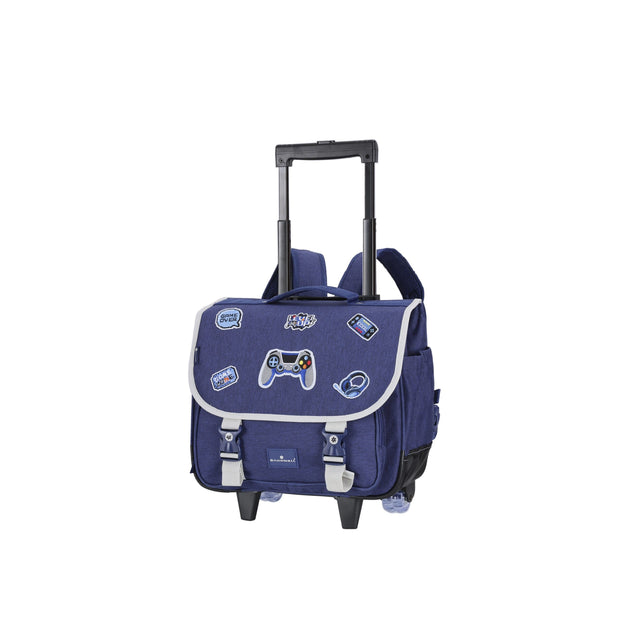Cartable à roulettes bleu avec motifs de jeux vidéo pour enfants.