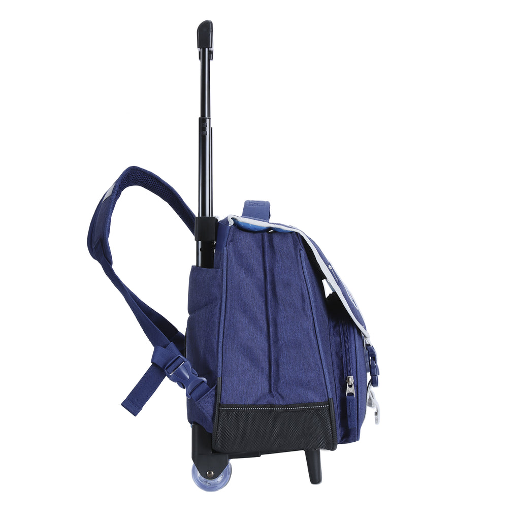 Cartable à roulettes bleu pour enfants avec poignée télescopique.