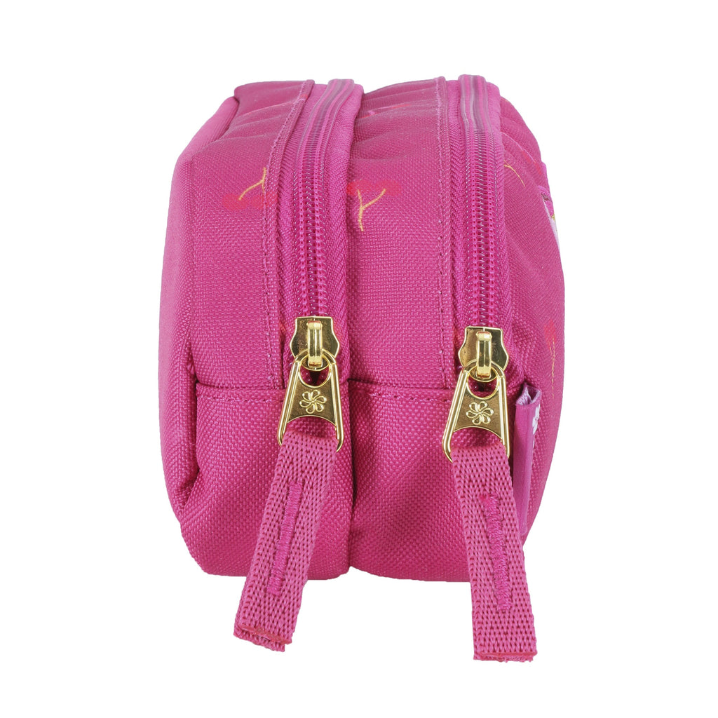Trousse scolaire rose à double compartiment pour enfants.