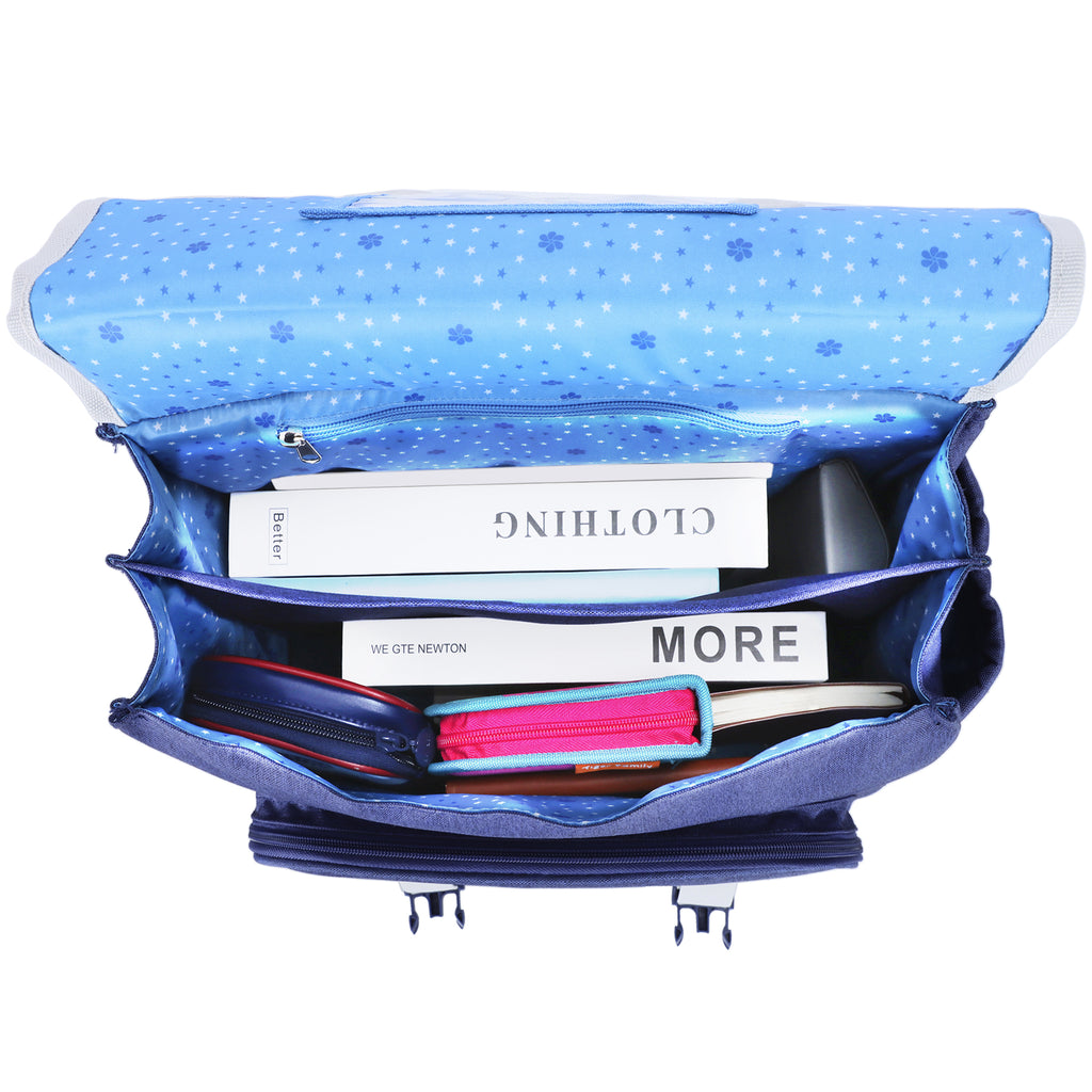 Cartable à roulettes bleu Gamer pour enfants, compartiments spacieux.