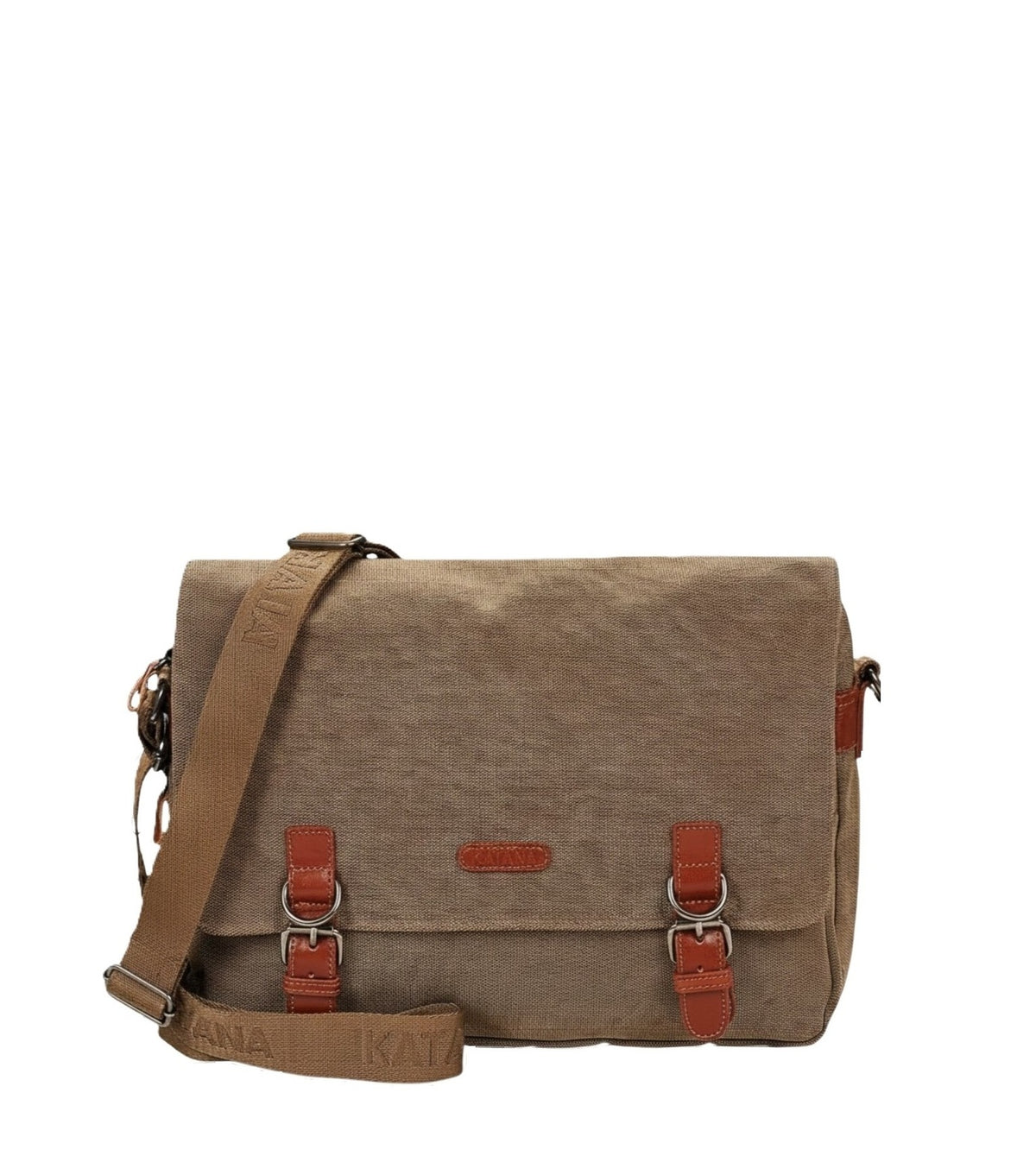 Sac besace grand format A4 en toile et cuir Katana marron vue de face