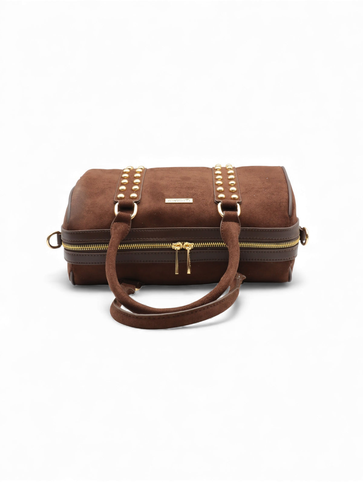 Sac en cuir marron avec poignées et détails en or, idéal pour homme et femme.