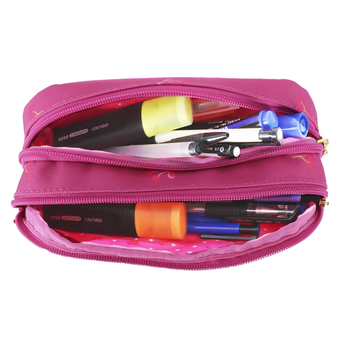 Trousse rose avec stylos et surligneurs à l'intérieur.