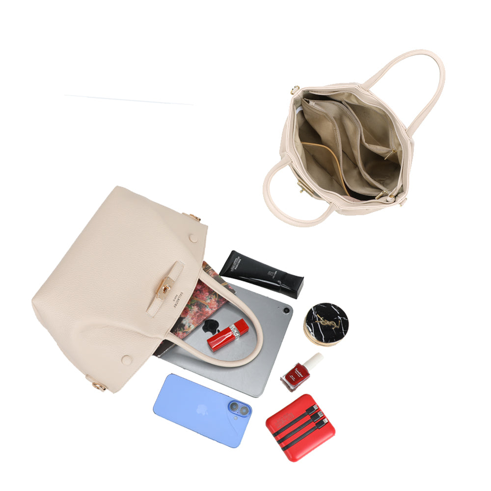Sac à main beige avec compartiments spacieux, idéal pour femmes modernes et élégantes.