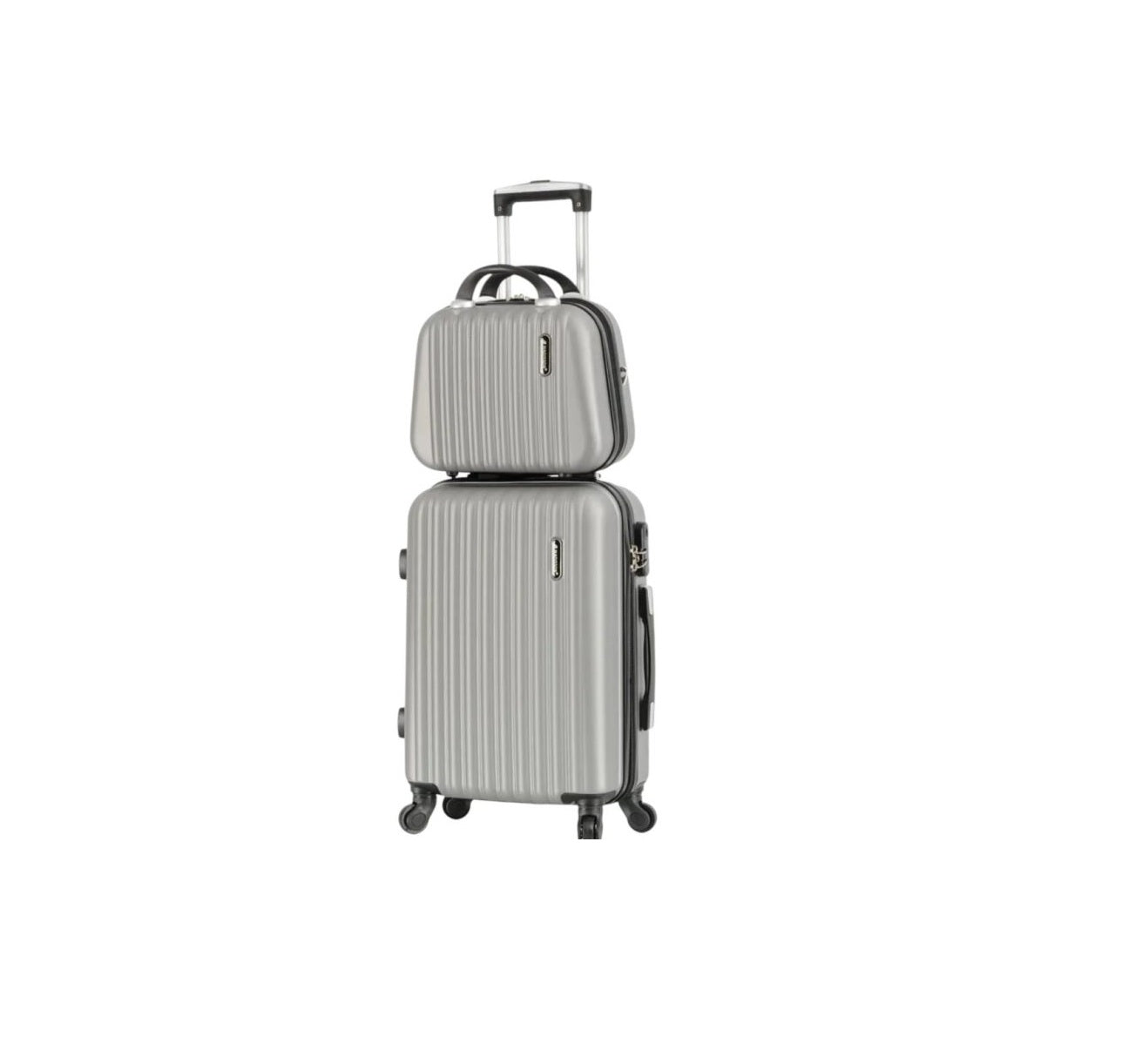 Valise et sac de voyage en aluminium gris à roulettes, élégance et praticité.