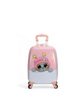 Valise enfant avec design mignon de chat, couleur rose et surface brillante, idéale pour voyager.