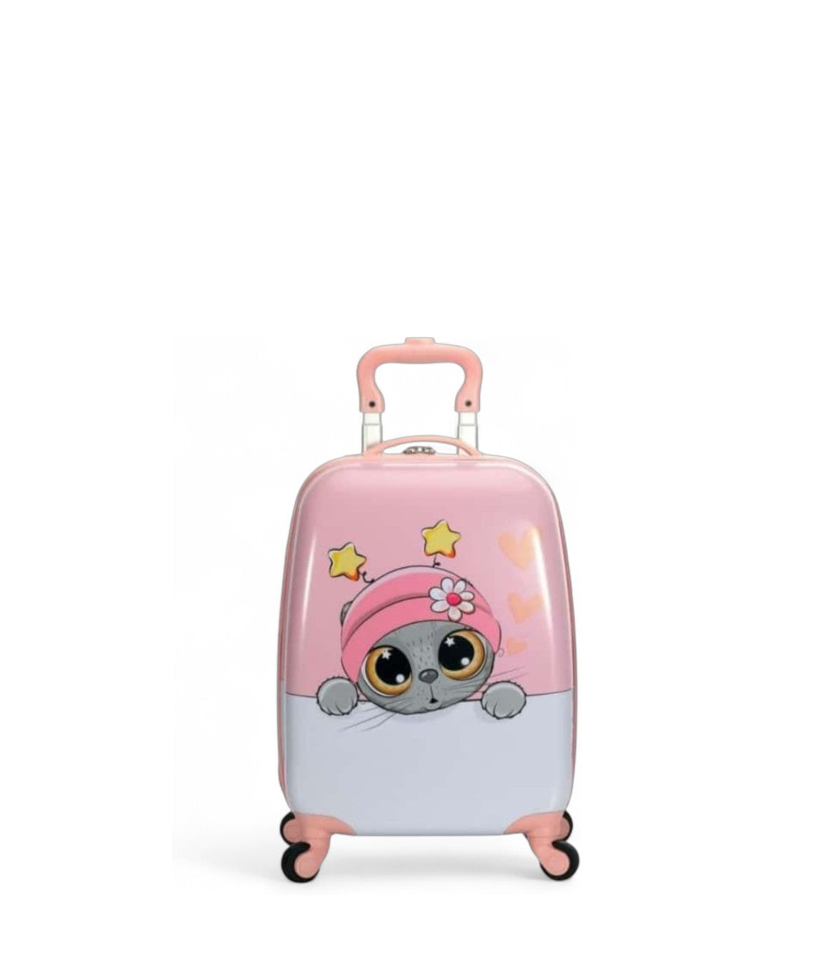 Valise enfant avec design mignon de chat, couleur rose et surface brillante, idéale pour voyager.