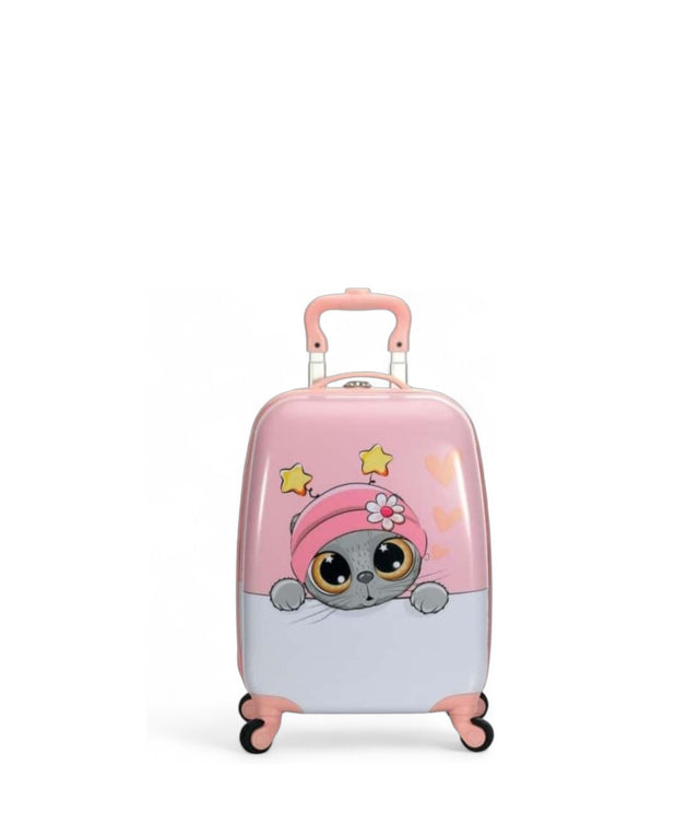 Valise enfant avec design mignon de chat, couleur rose et surface brillante, idéale pour voyager.