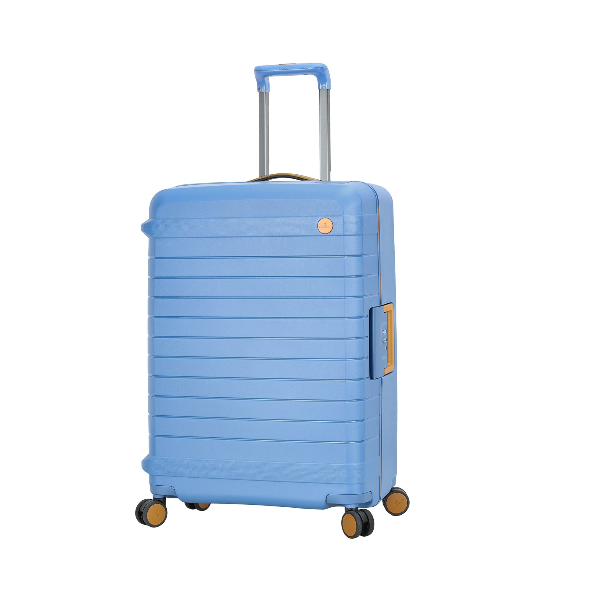 Valise cabine en polycarbonate bleu avec poignées et roulettes, idéale pour voyage.