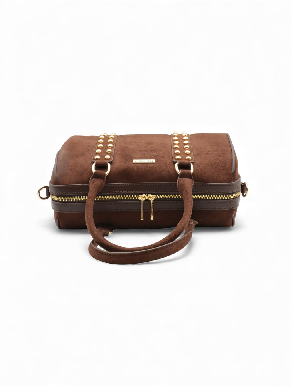 Sac en cuir marron avec poignées et détails en or, idéal pour homme et femme.