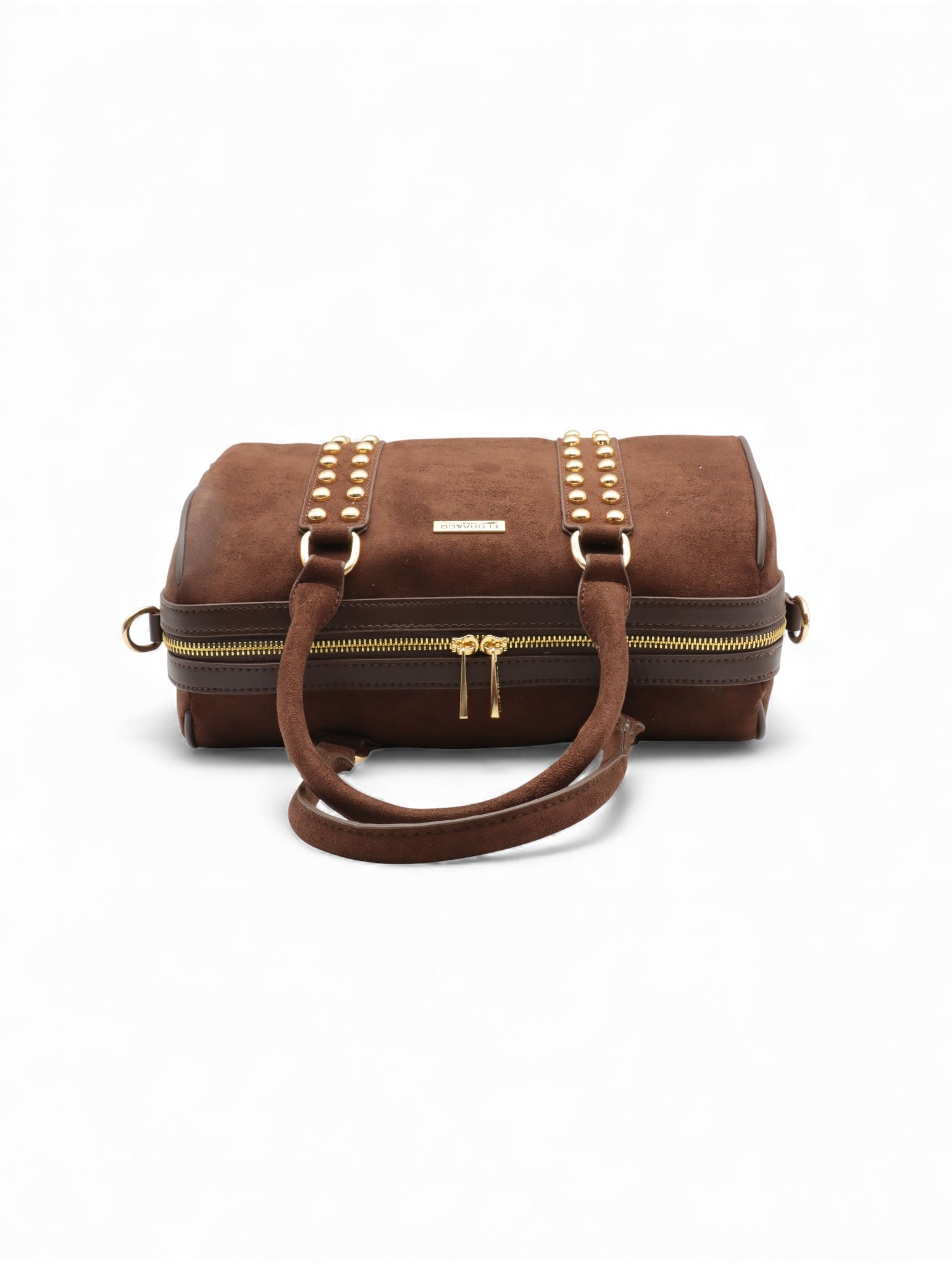Sac en cuir marron avec poignées et détails en or, idéal pour homme et femme.