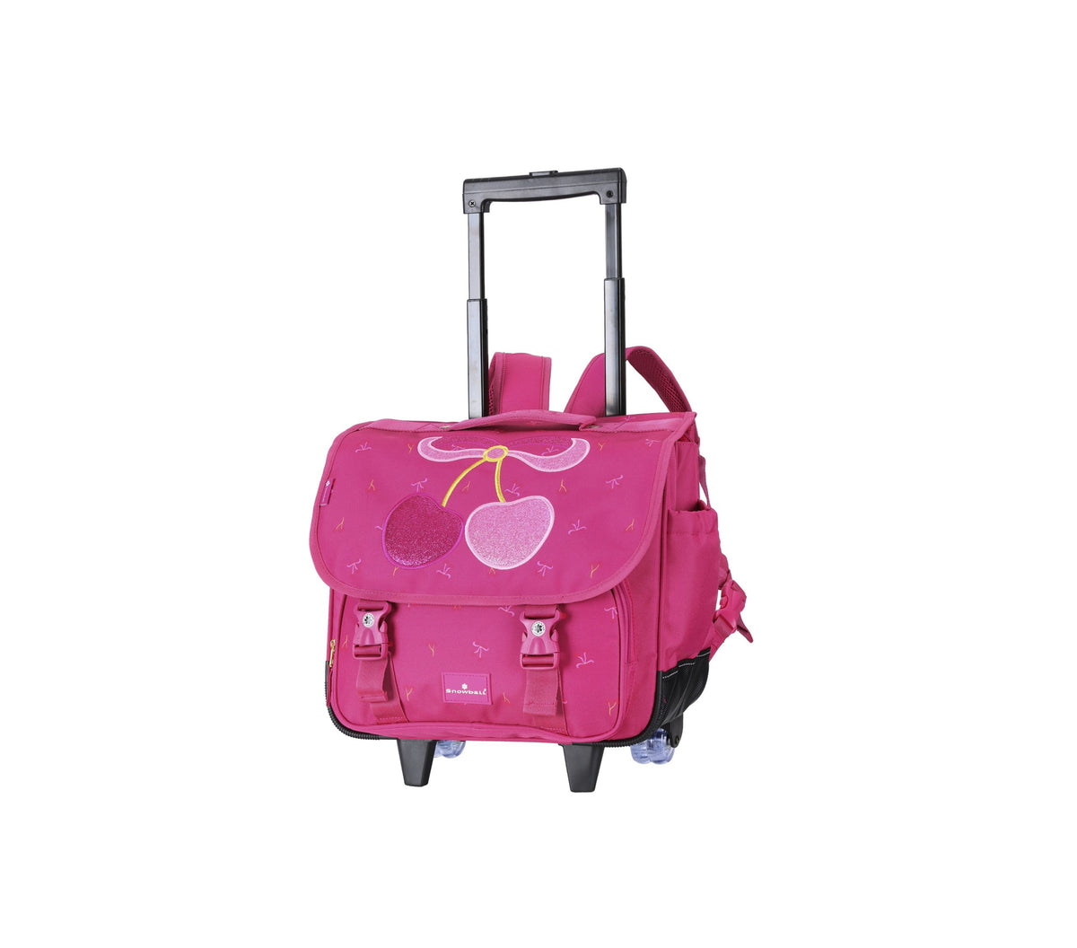 Cartable rose à roulettes avec motif cerises pour fille CE1 CE2.