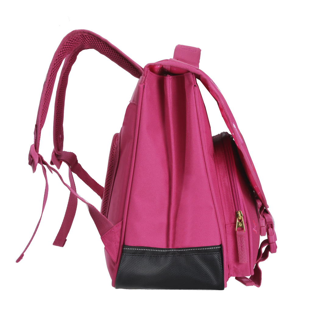 Sac à dos rose avec poche noire et zips dorés pour enfant.