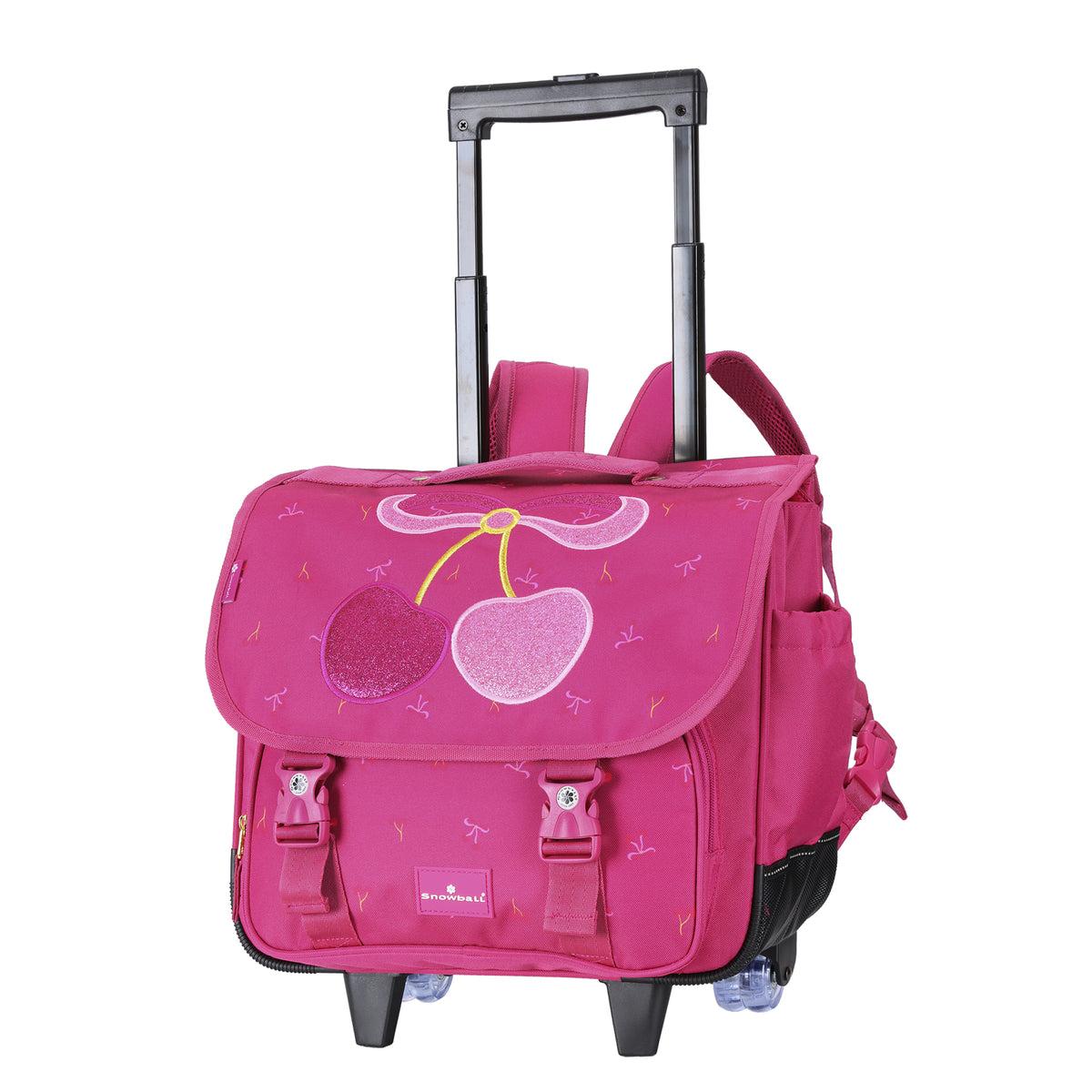 Cartable à roulettes rose avec cerises pour fille CE1 CE2.