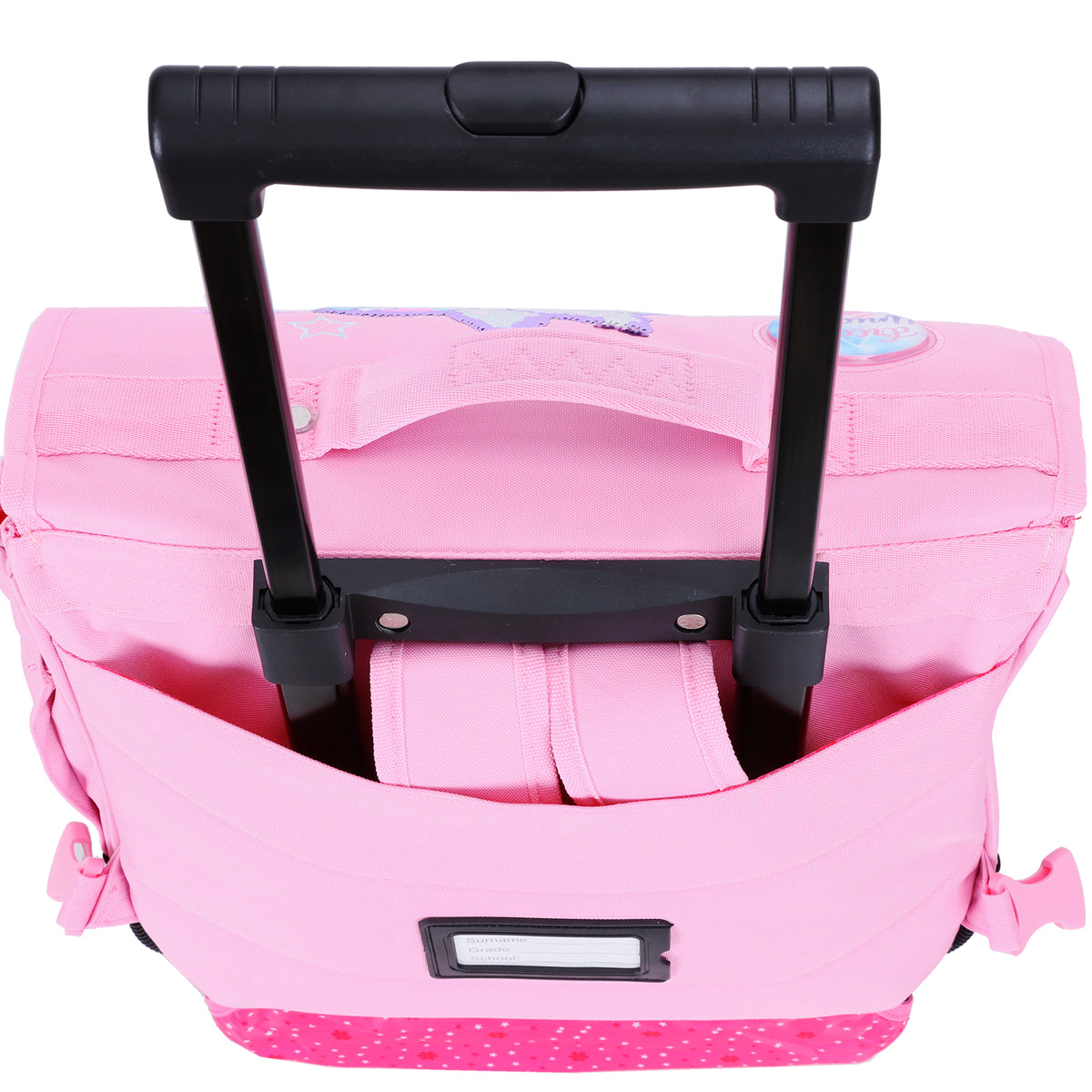 Cartable rose à roulettes pour fille avec motif licorne.