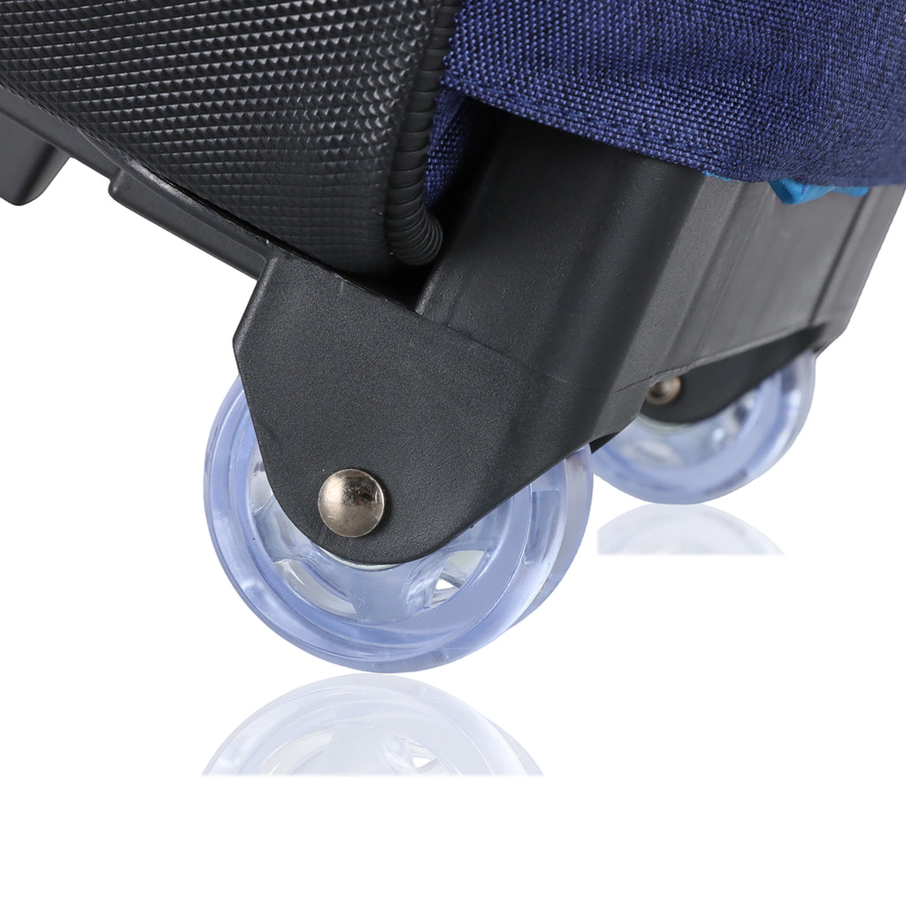 Roue de cartable à roulettes bleue pour enfant.