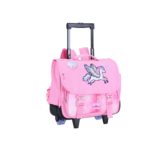 Sac à roulettes rose avec licorne brodée pour enfants.