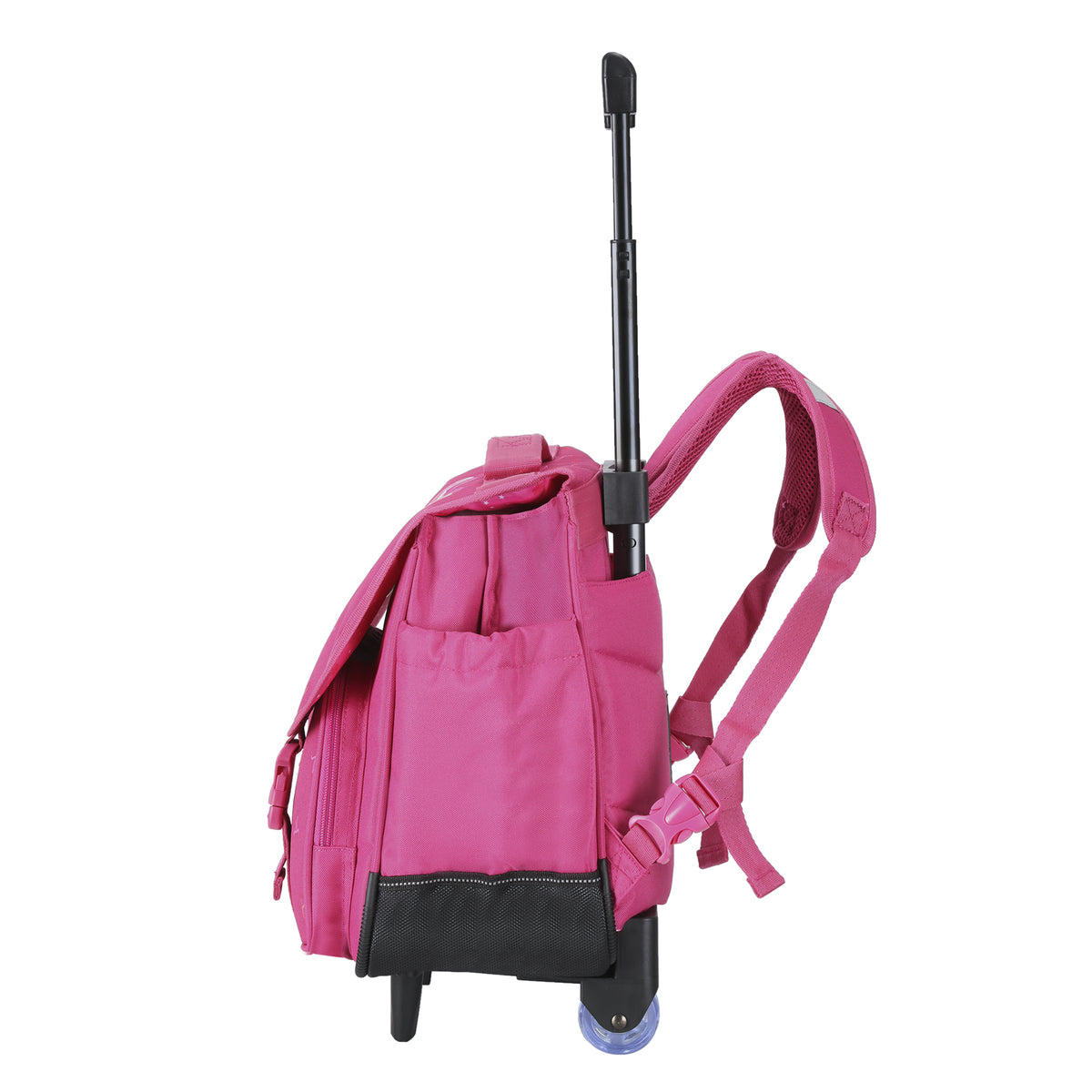 Cartable rose à roulettes pour fille CE1 CE2 avec poignée télescopique.