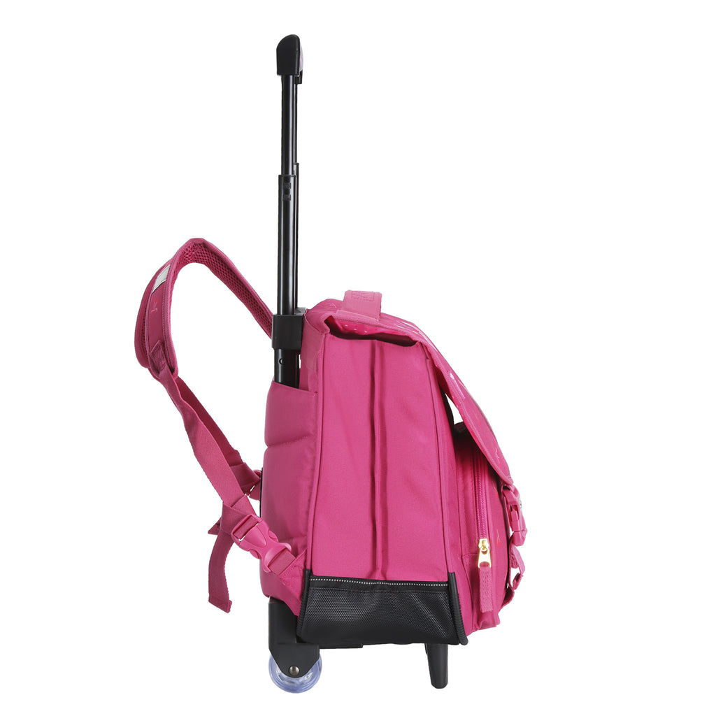 Cartable à roulettes rose avec extension pour enfant.