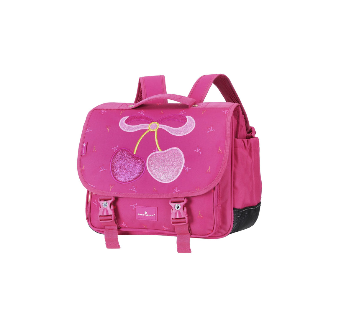 Cartable rose pour fille avec cerises pailletées et motifs mignons.