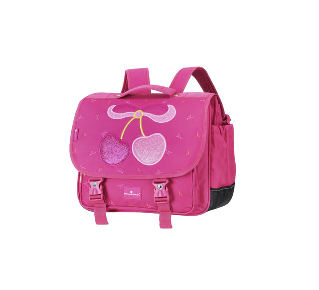 Cartable rose pour fille avec cerises pailletées et motifs mignons.