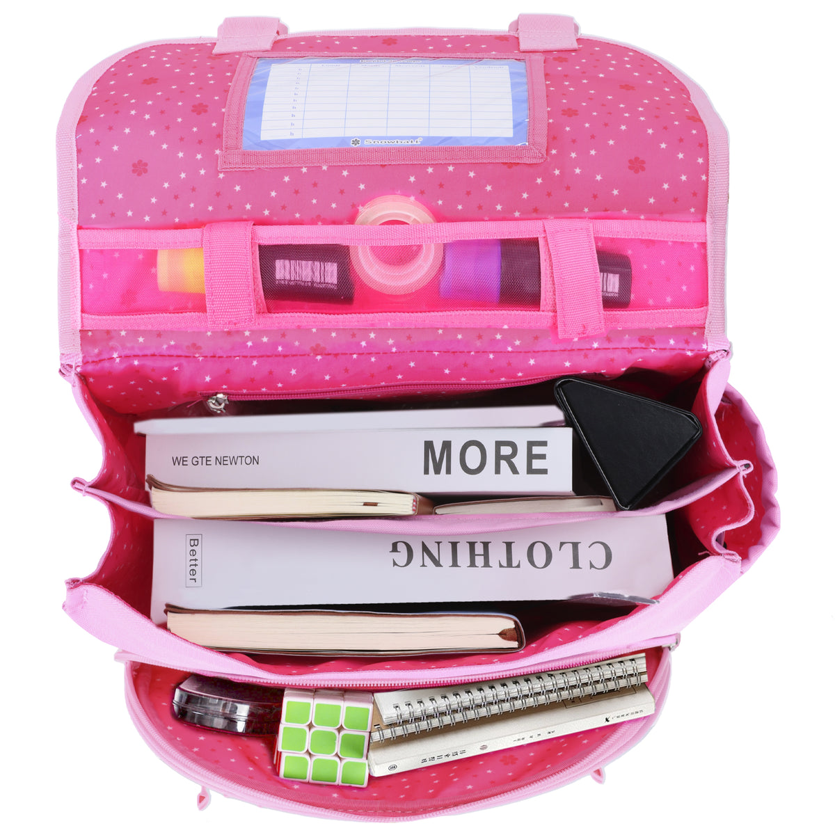 Cartable rose licorne avec compartiments pour fournitures scolaires.